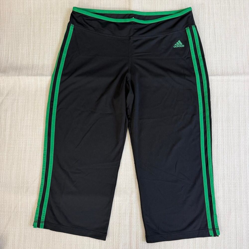 Adidas Women's Black and Green Flared Capri Pants Size Large